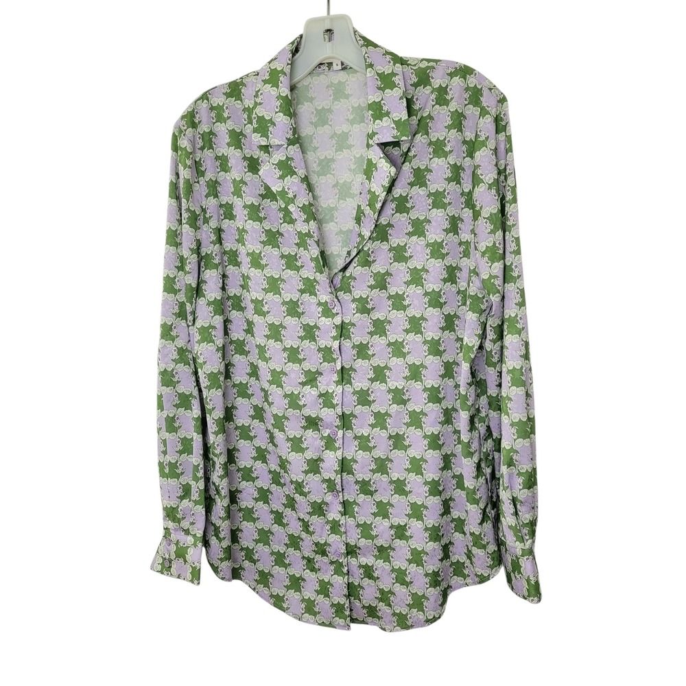 English Factory Womens Printed Satin Shirt Green Purple Floral Size Small